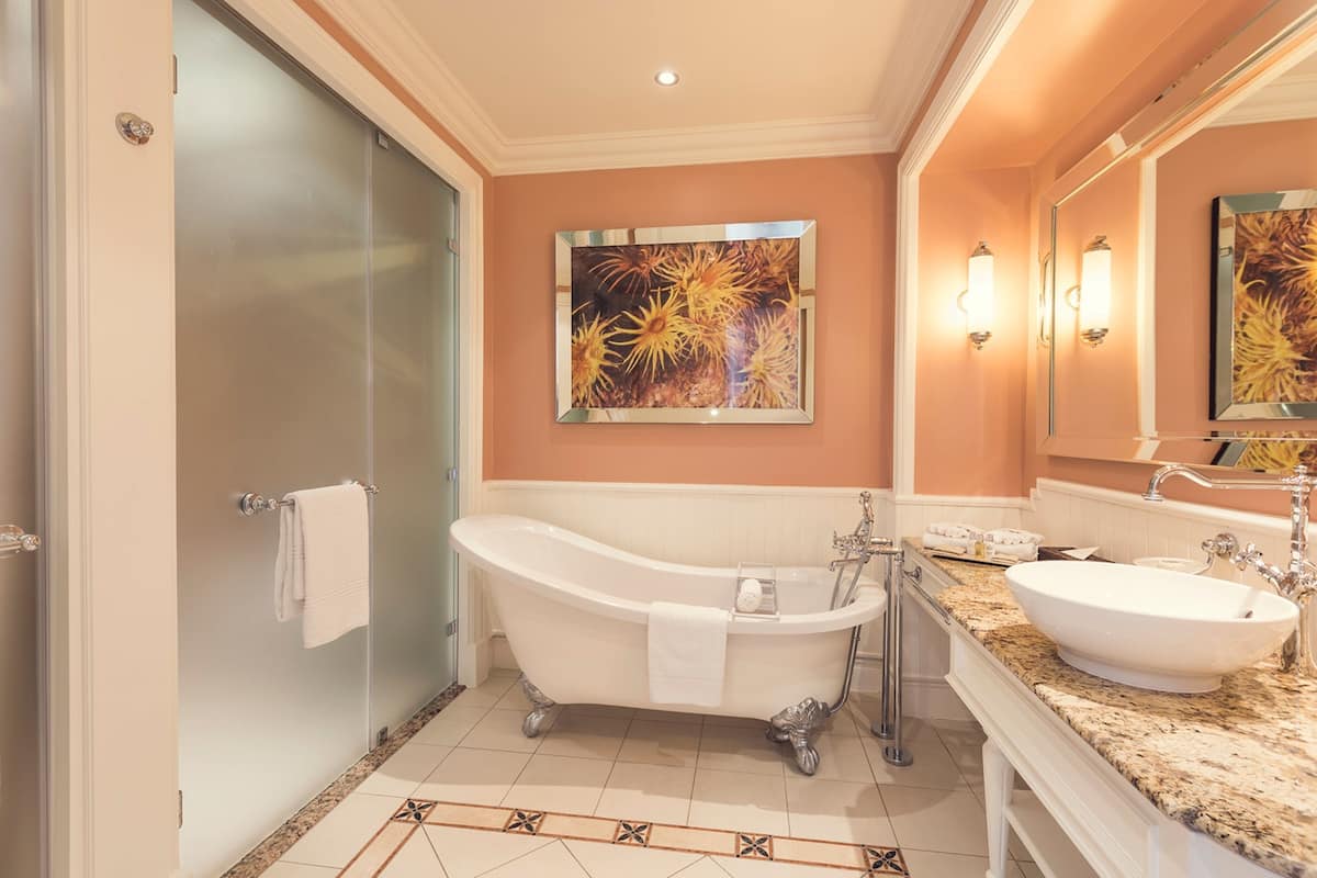 separate bathtub and shower, free toiletries, hair dryer, towels