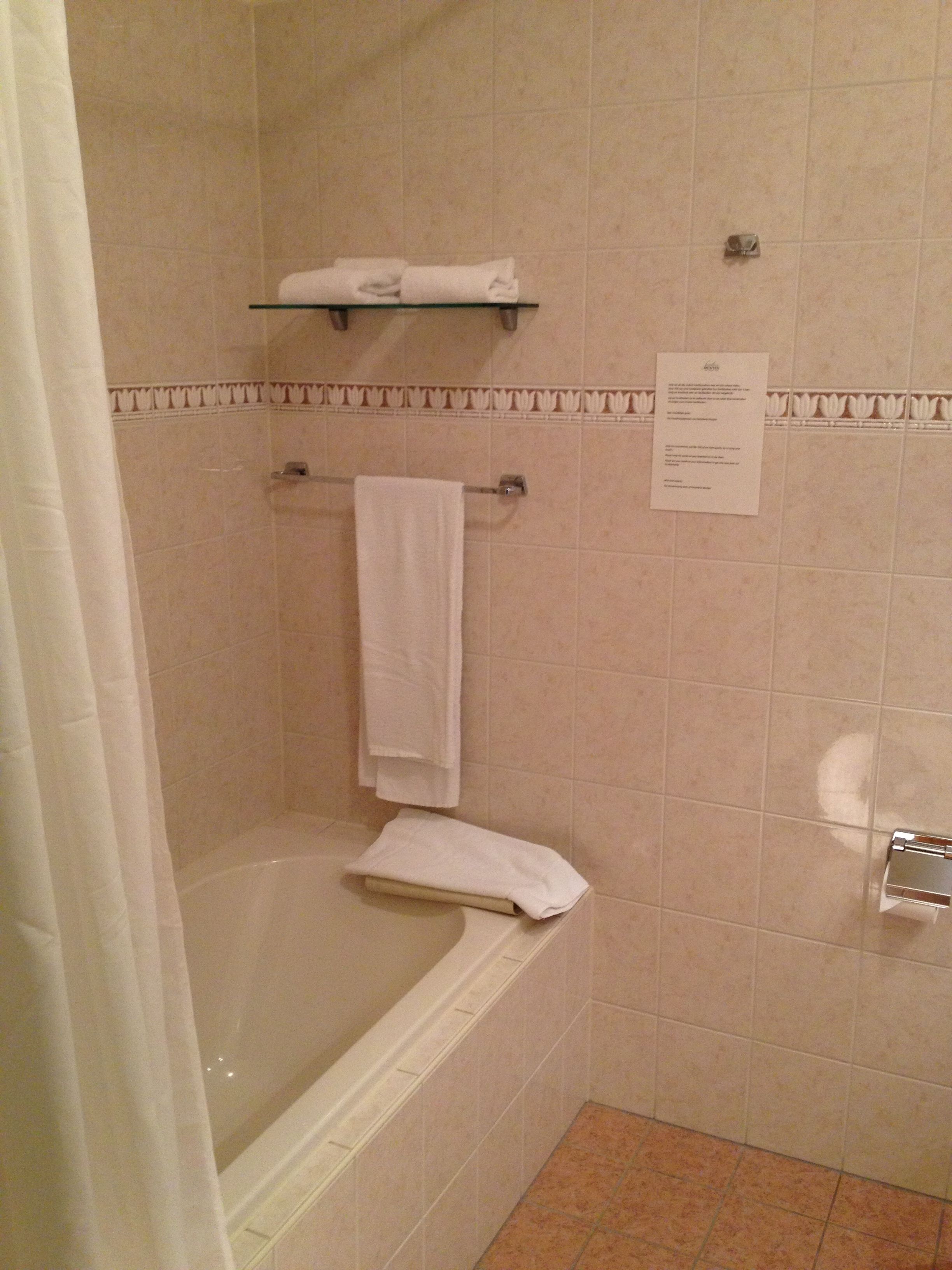 combined shower/bathtub, free toiletries, hair dryer, towels