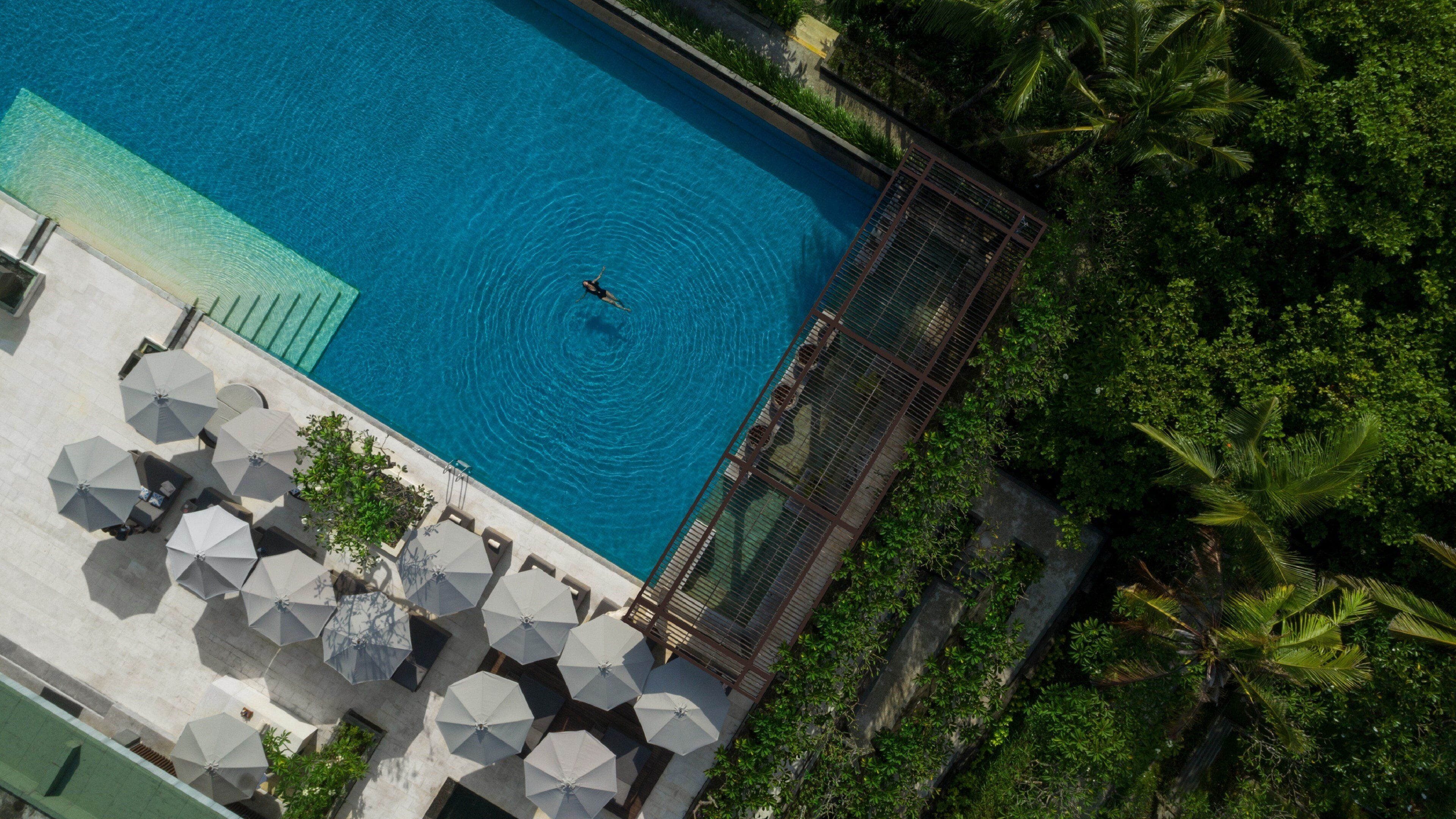 An aerial view of a rectangular swimming pool surrounded by lush greenery and palm trees.