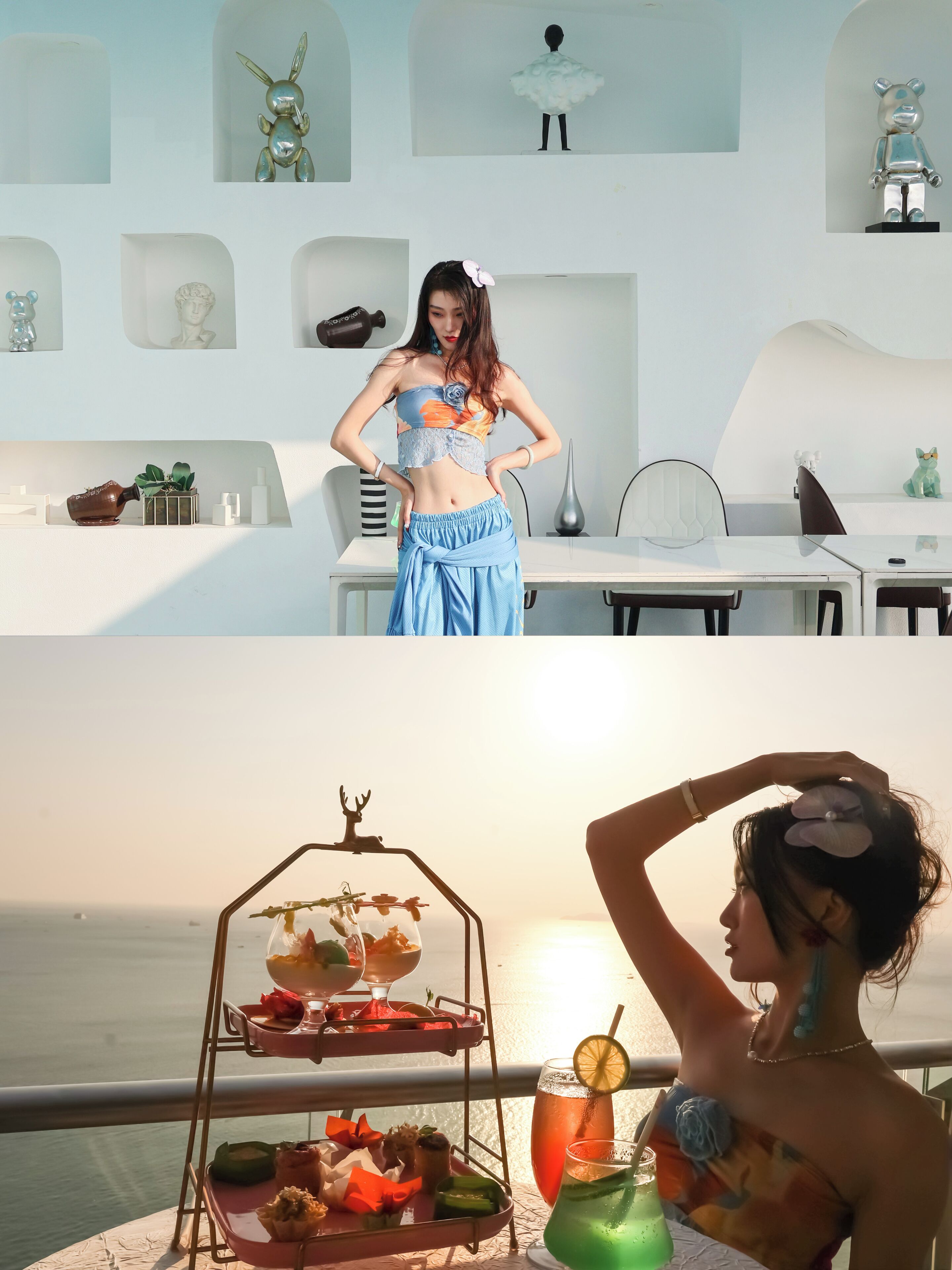 A woman in a blue outfit standing in a modern, minimalist room with white walls and shelves containing various decorative items.