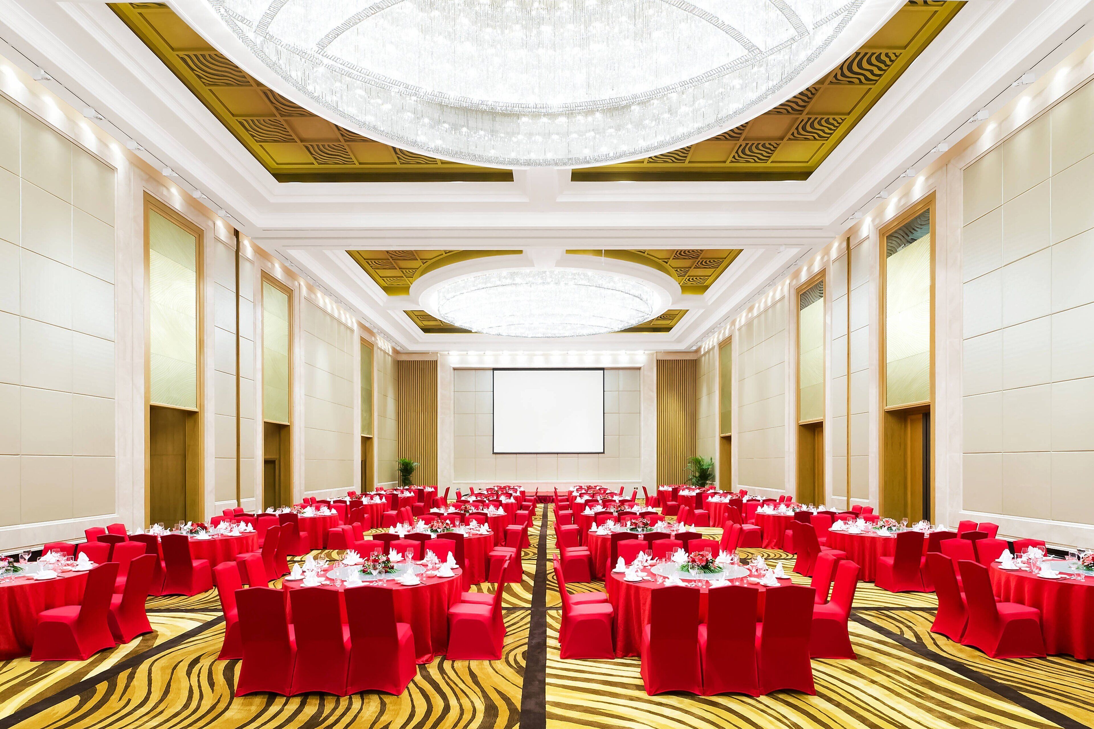 A large conference room with rows of tables and chairs, a large screen at the front, and a chandelier.