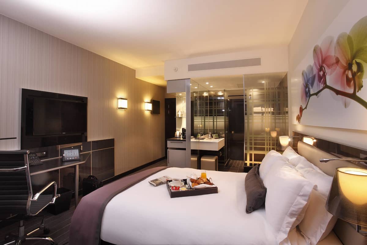 Une chambre d’hôtel comprenant un lit, une table de chevet, une télévision et une salle de bain avec douche.