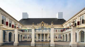 A grand entrance with a decorative gate, a flagpole, and symmetrical buildings with red shutters.