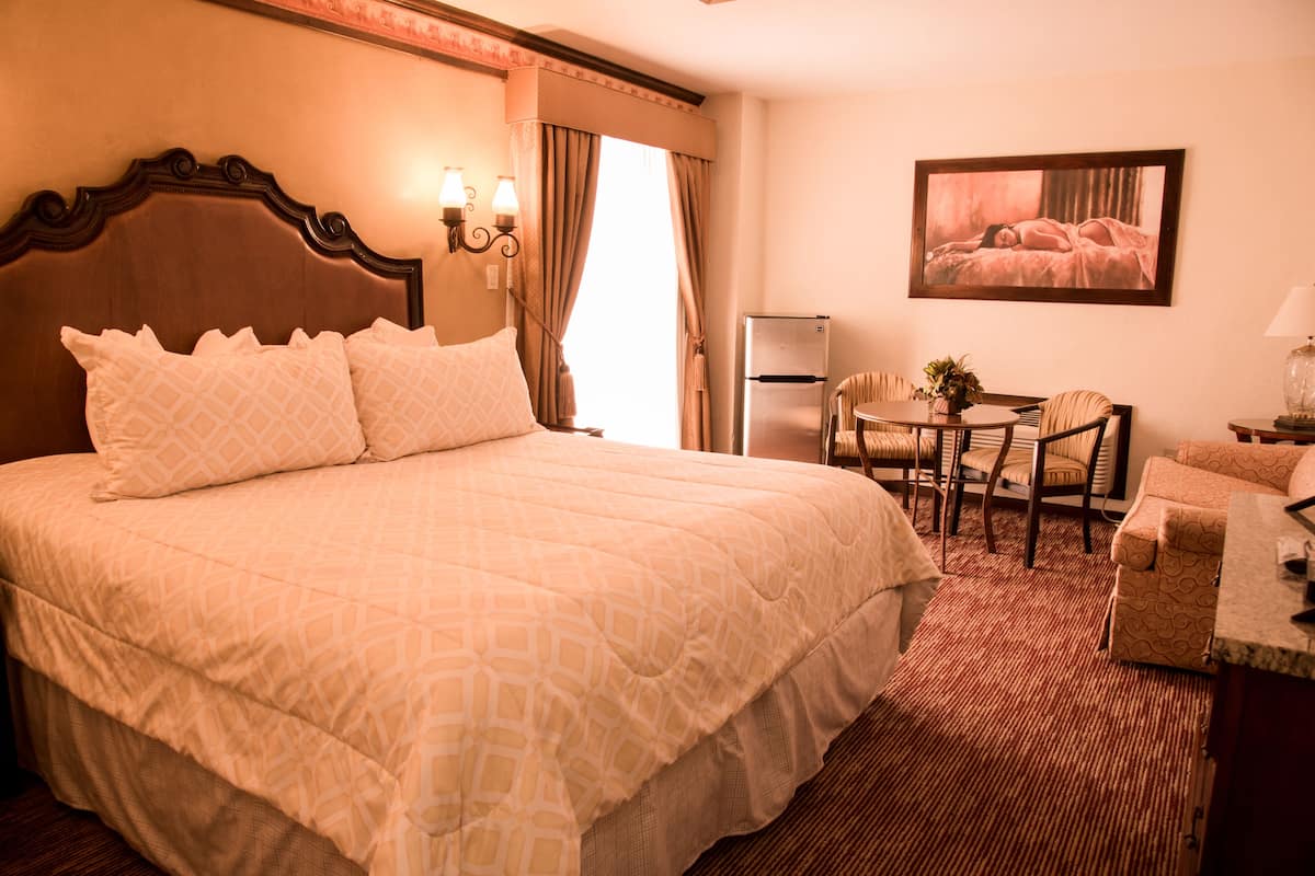 Una habitación de hotel con una cama grande, un escritorio, una silla y un refrigerador.