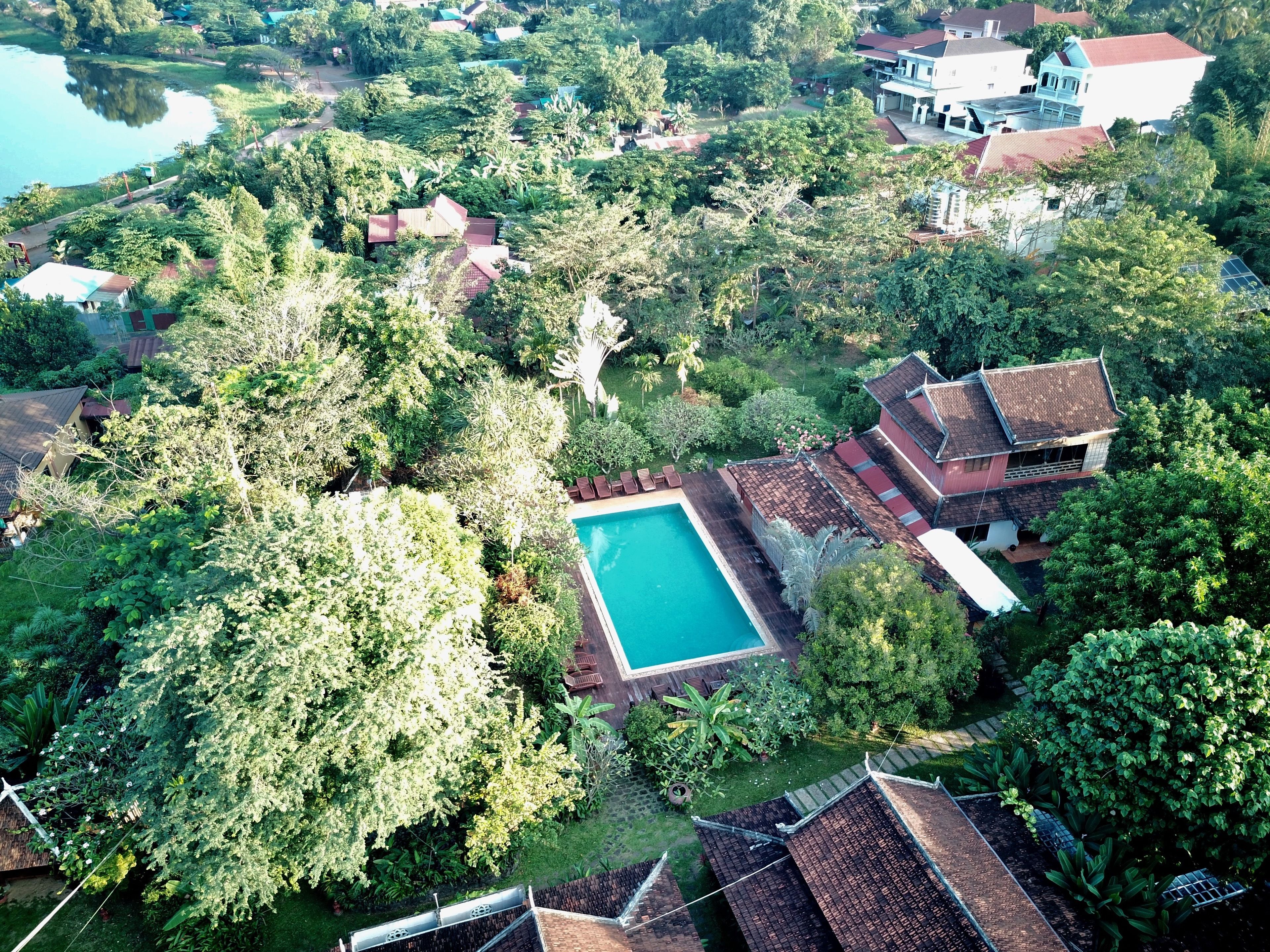 outdoor pool, pool loungers
