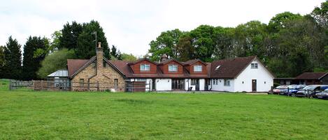 Een rij huizen met een grasveld op de voorgrond en bomen in de achtergrond.
