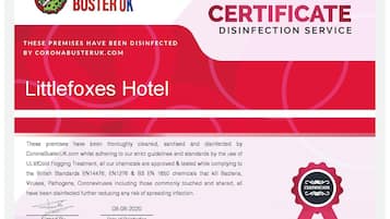 A certificate of disinfection for Littlefoxes Hotel by CoronaBusterUK.com, dated 08-06-2020.
