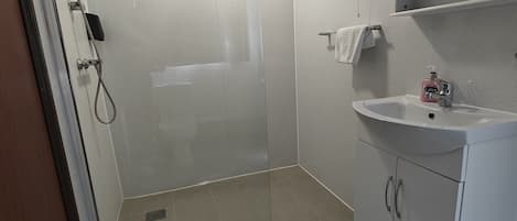 A bathroom with a shower, a sink, and a mirror.