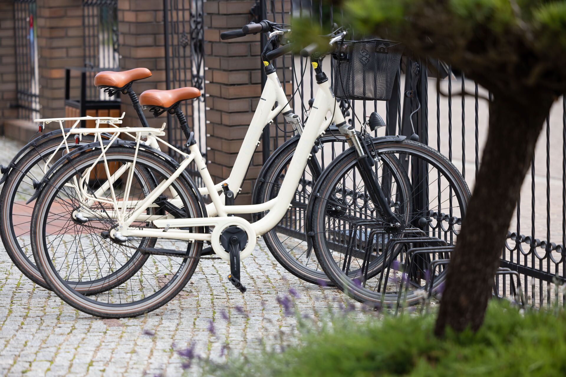 Un vélo blanc, doté d’un panier et d’une selle marron, est garé sur un chemin pavé.