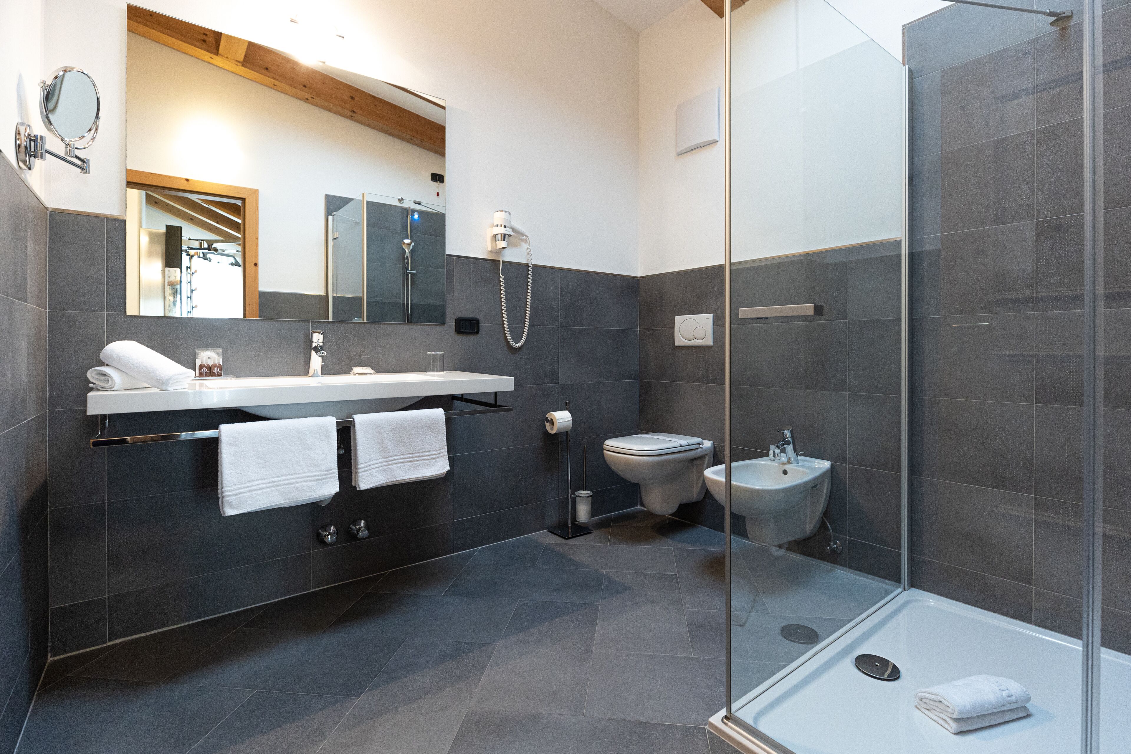 Une salle de bain moderne dotée d’une douche à parois de verre, d’un meuble-lavabo avec un évier et un miroir, et d’un bidet.