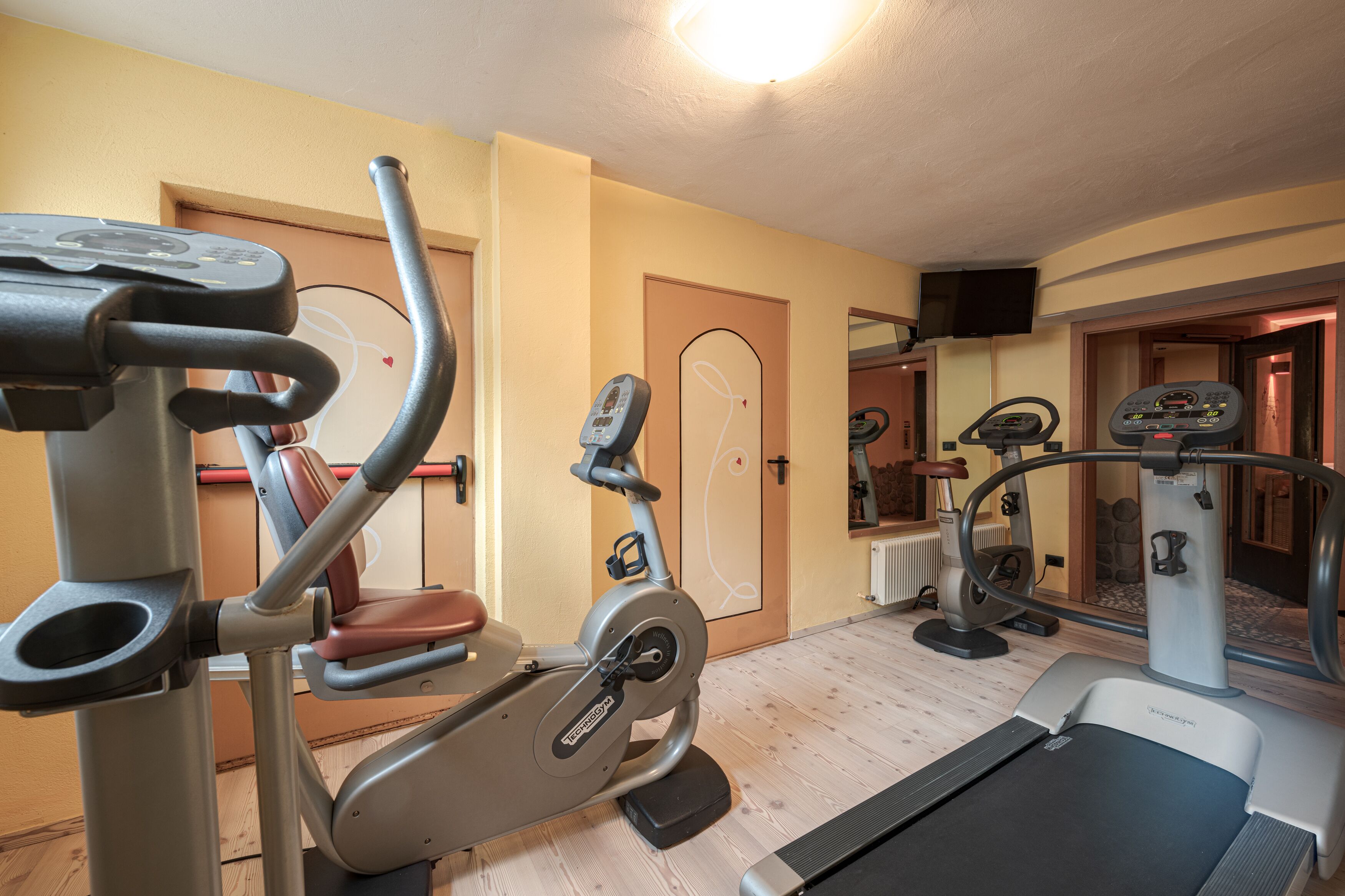 Uma academia doméstica com uma máquina elíptica, uma bicicleta ergométrica e uma esteira.