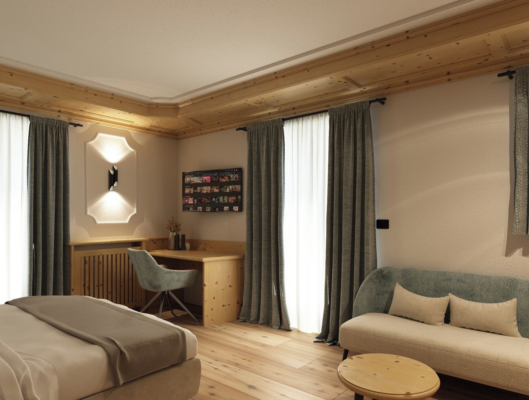Ein gemütliches Zimmer mit Holzbalkendecke, einem Schreibtisch mit Stuhl, einer Couch und einem kleinen runden Tisch.