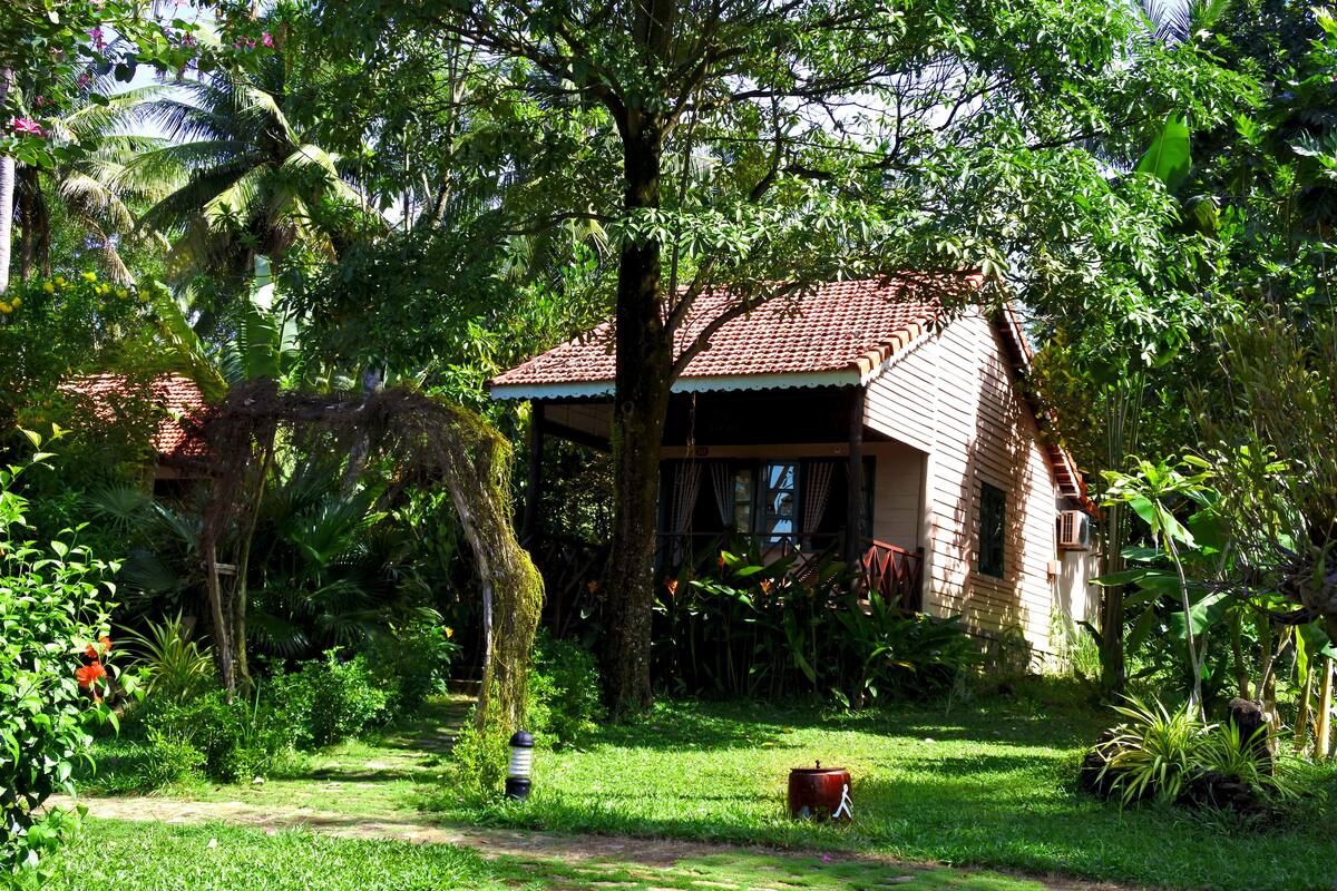 Una casa rodeada de exuberante vegetación, con un sendero en el jardín que conduce a la entrada.