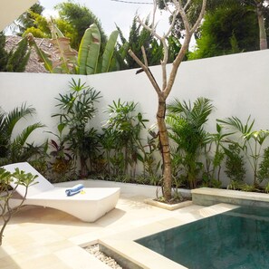 Zona de piscina amb una paret blanca, diverses plantes i una cadira relax.