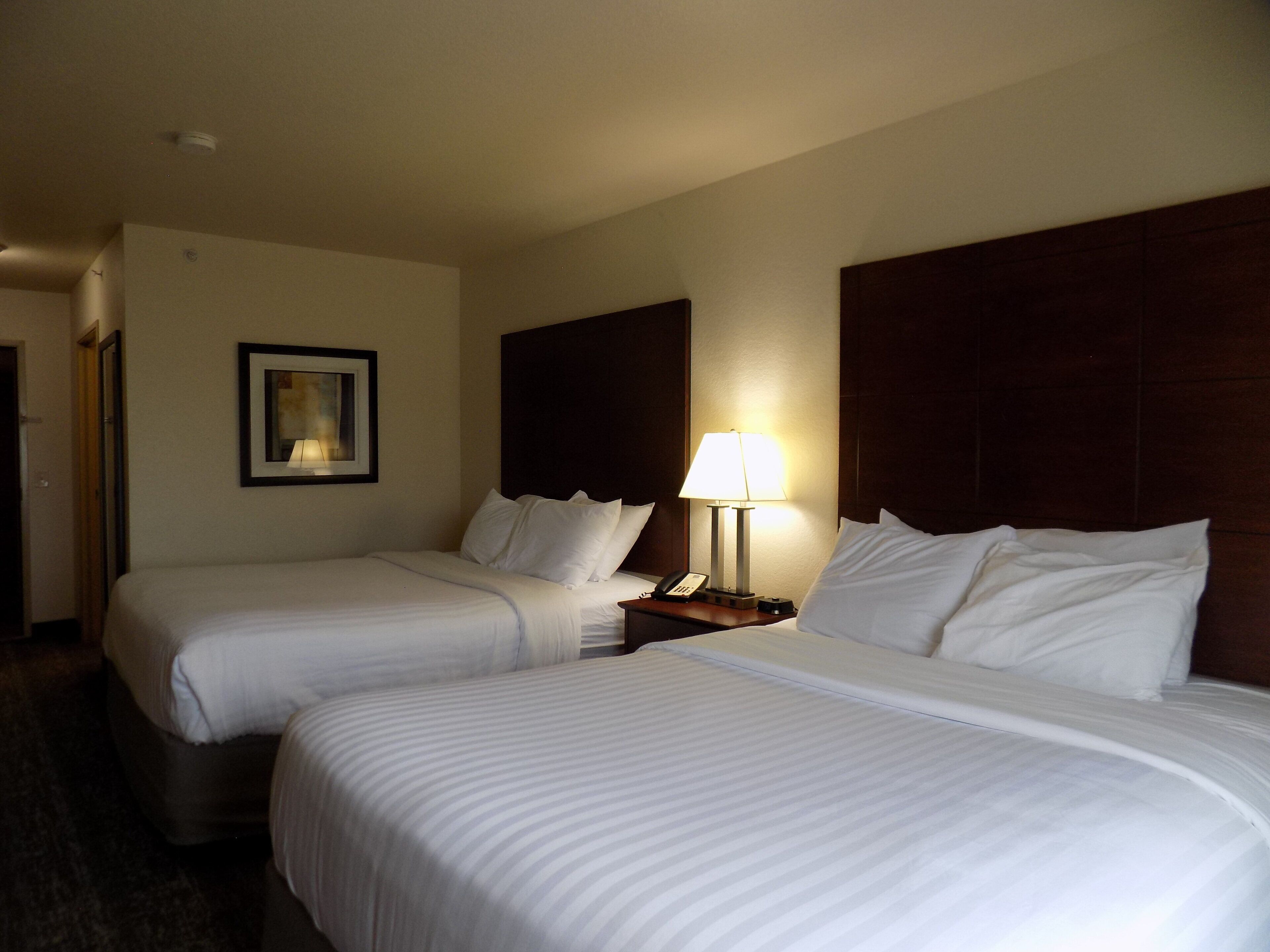A hotel room with two beds, a framed picture on the wall, a bedside lamp, and a telephone on the nightstand.