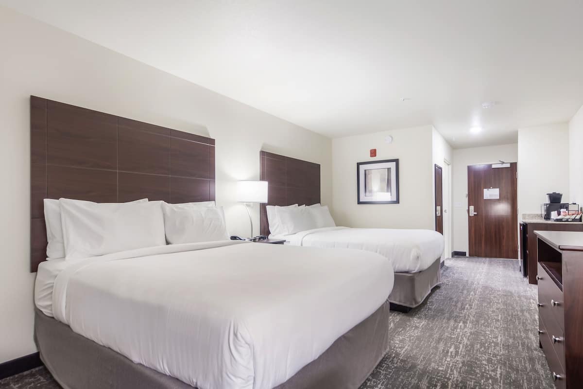 Une chambre d’hôtel avec deux lits, un bureau, une chaise, une lampe et une porte.