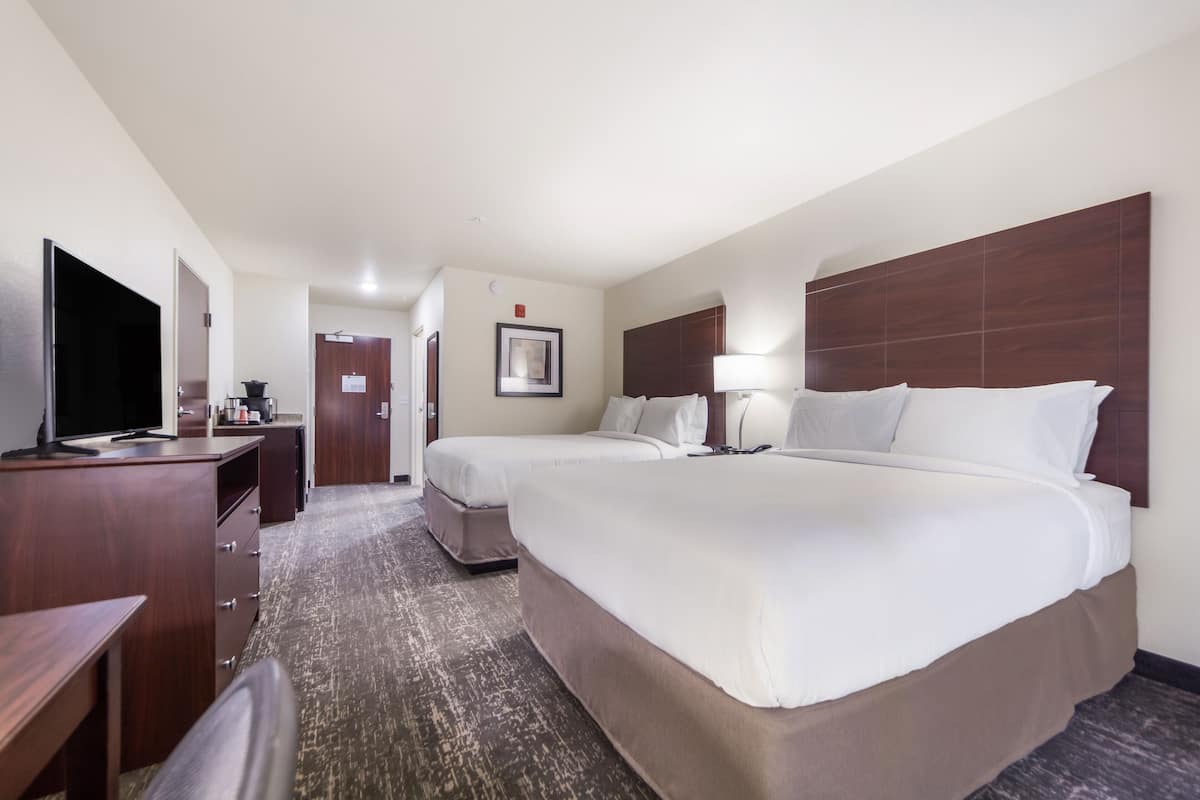 Une chambre d’hôtel avec deux lits, un bureau avec une télévision, une commode et un sol recouvert de moquette.
