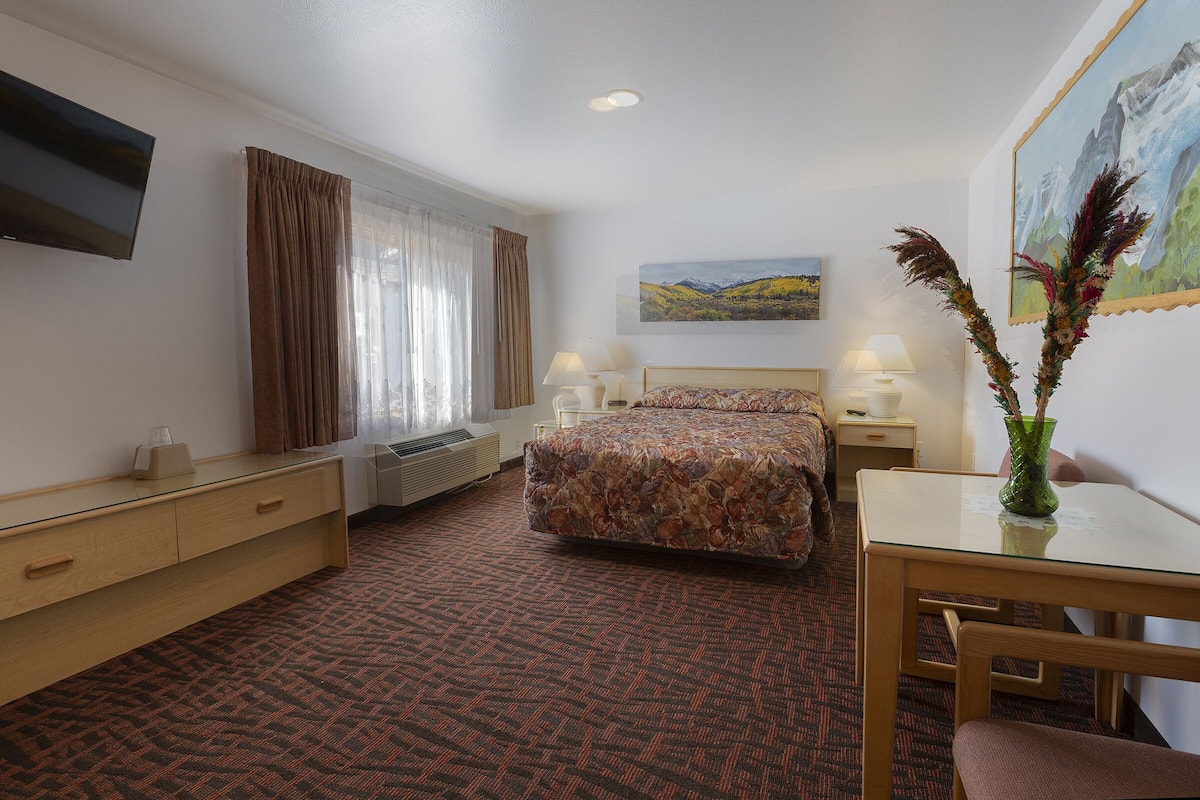 A hotel room with a bed, a desk, a chair, a TV, a window with curtains, a painting on the wall, and a vase with plants.