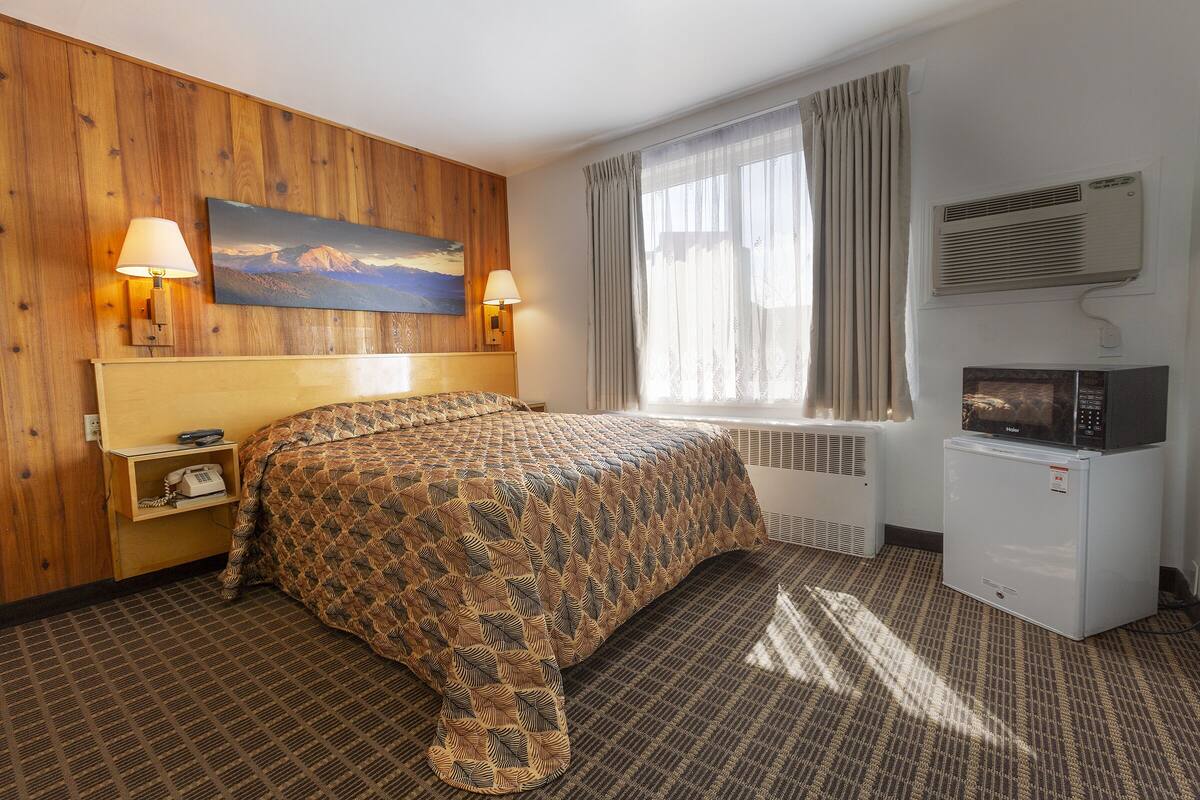 A hotel room with a wooden headboard, a bed with a patterned bedspread, two bedside lamps, a painting on the wall, a window with curtains, an air conditioning unit, and a small refrigerator.
