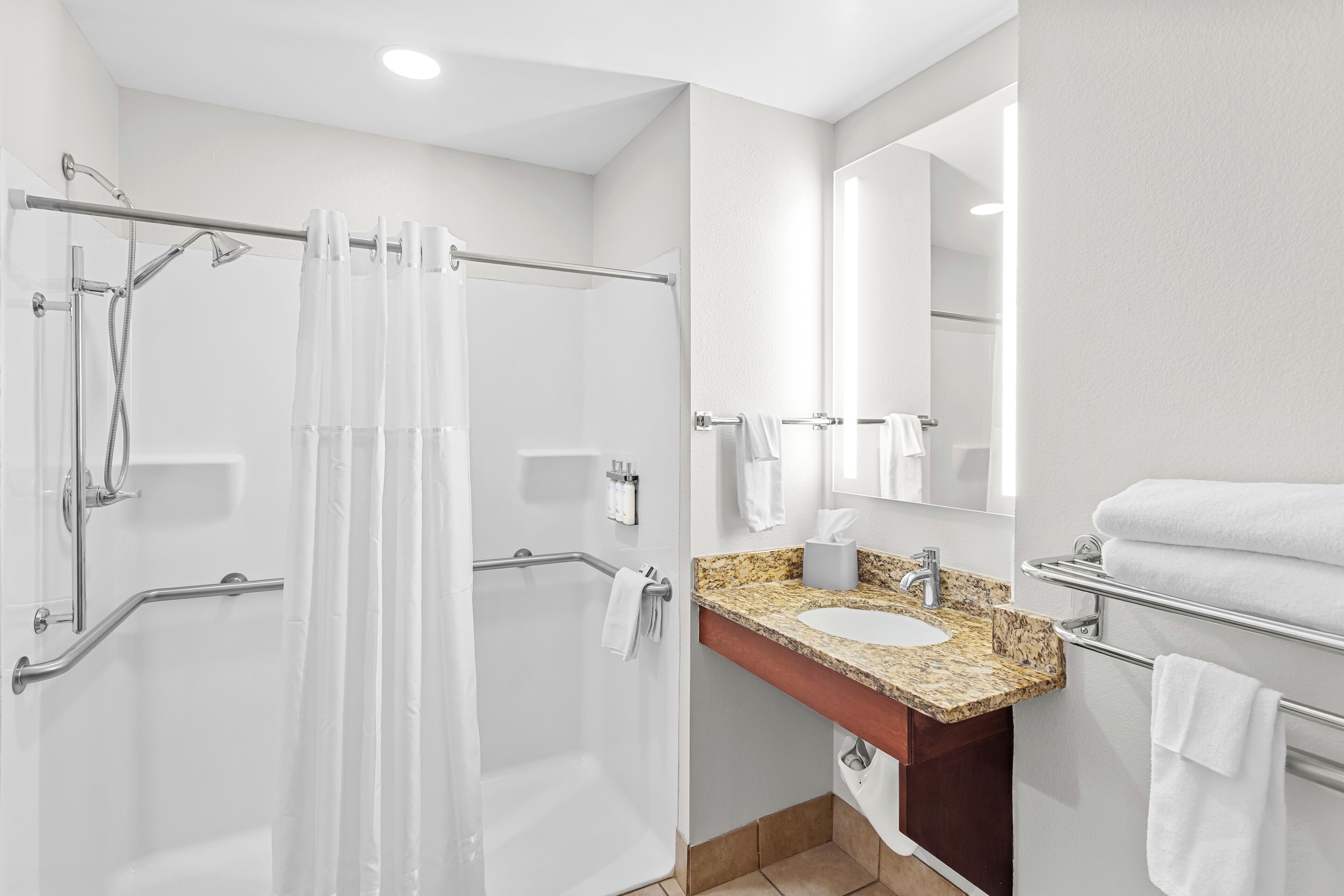 standard room, 1 king bed, accessible (mobility, roll-in shower) | bathroom | combined shower/bathtub, free toiletries, hair dryer, towels