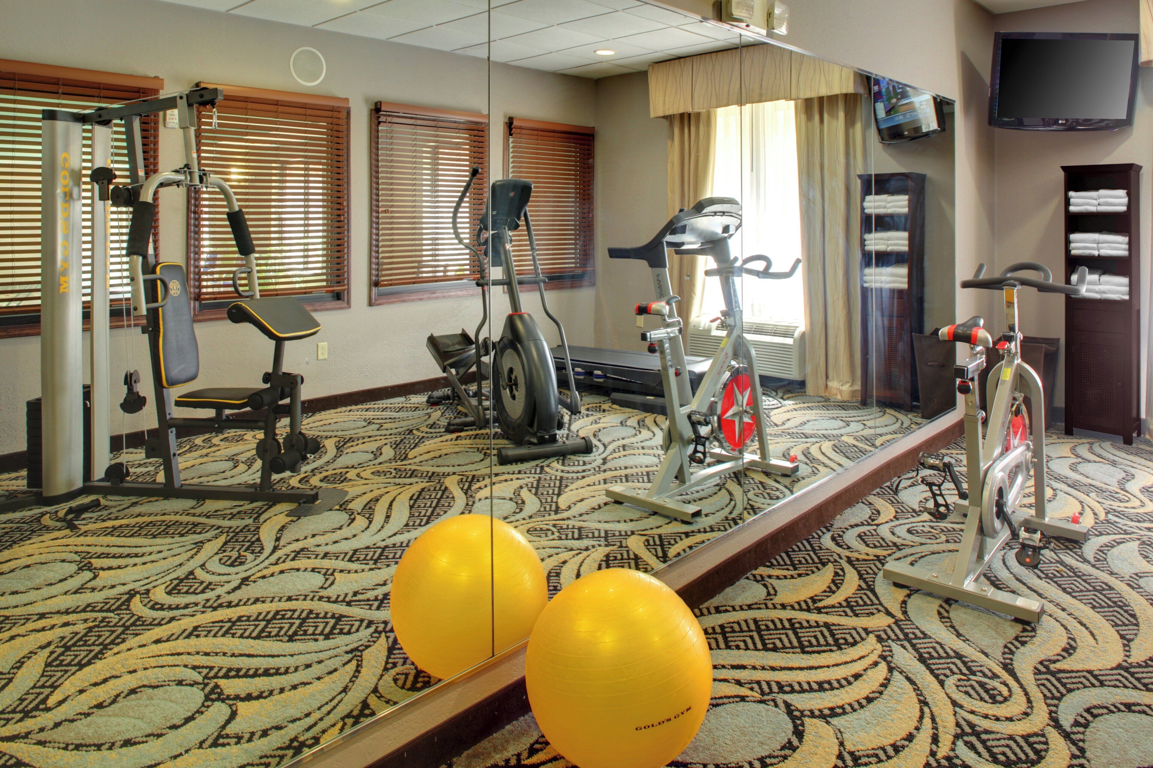 A gym with exercise equipment, a treadmill, and two yellow exercise balls.