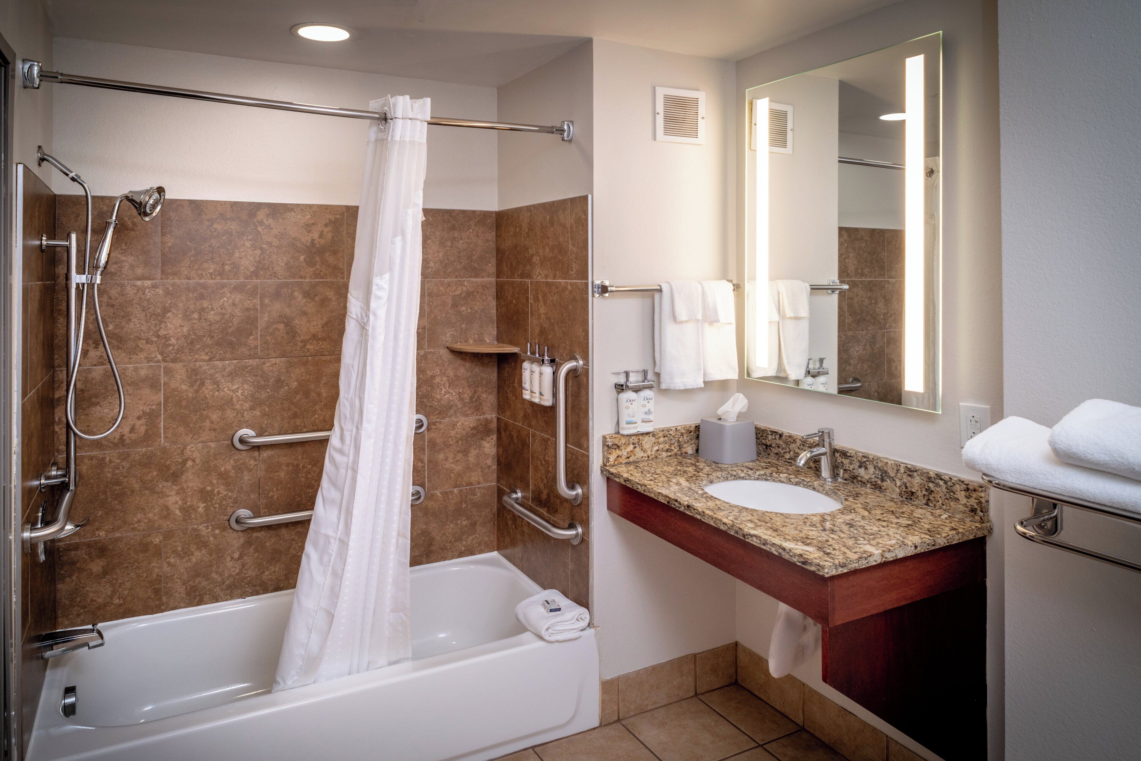 A modern bathroom with a walk-in shower, grab bars, a vanity with a sink, and a large mirror.