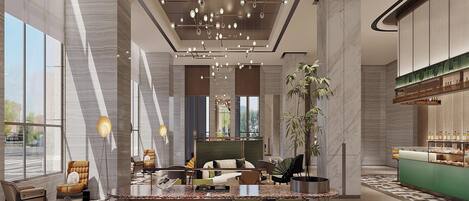 A modern hotel lobby with a central bar area, seating arrangements, and a large window providing natural light.