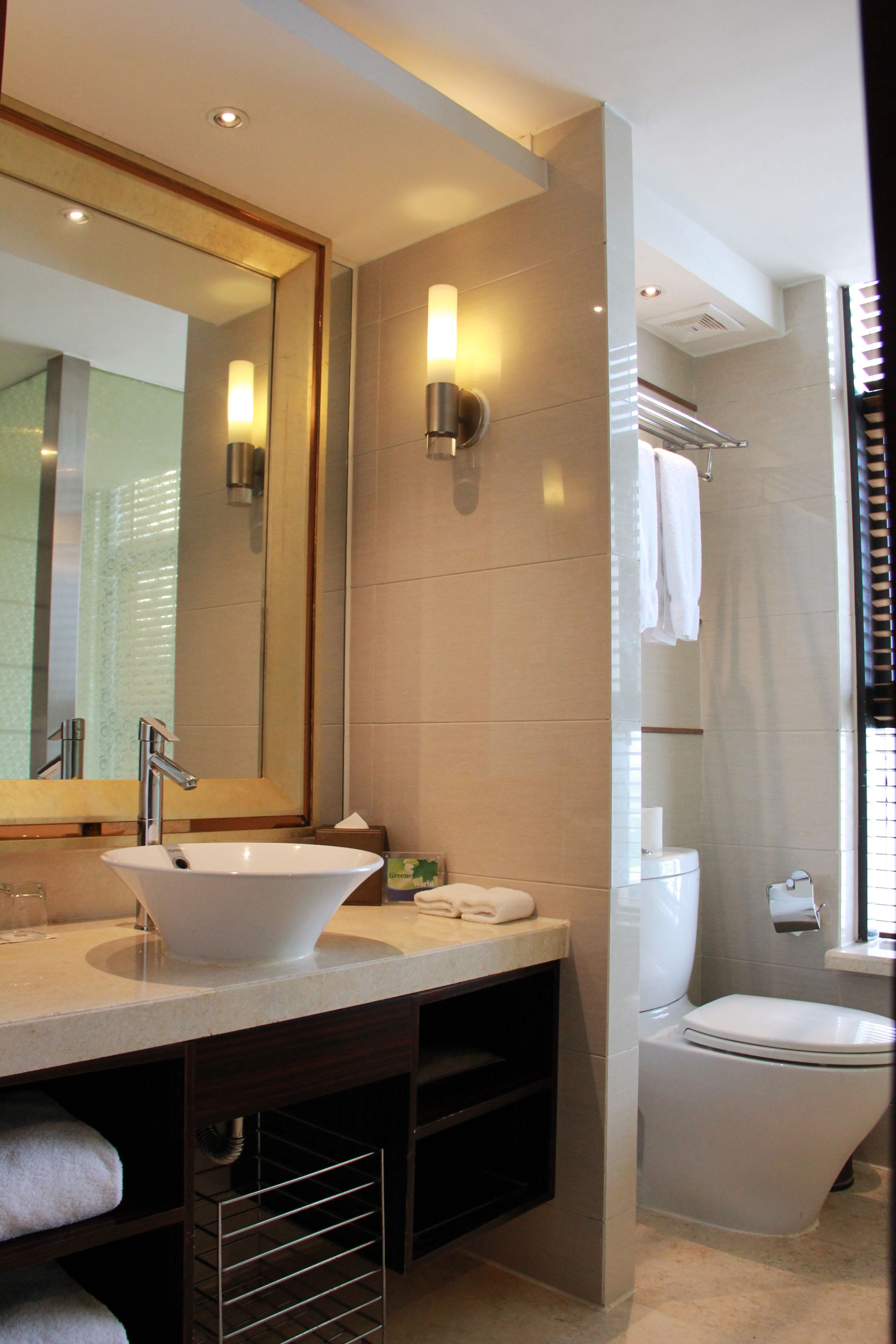 combined shower/bathtub, hair dryer, bathrobes, bidet