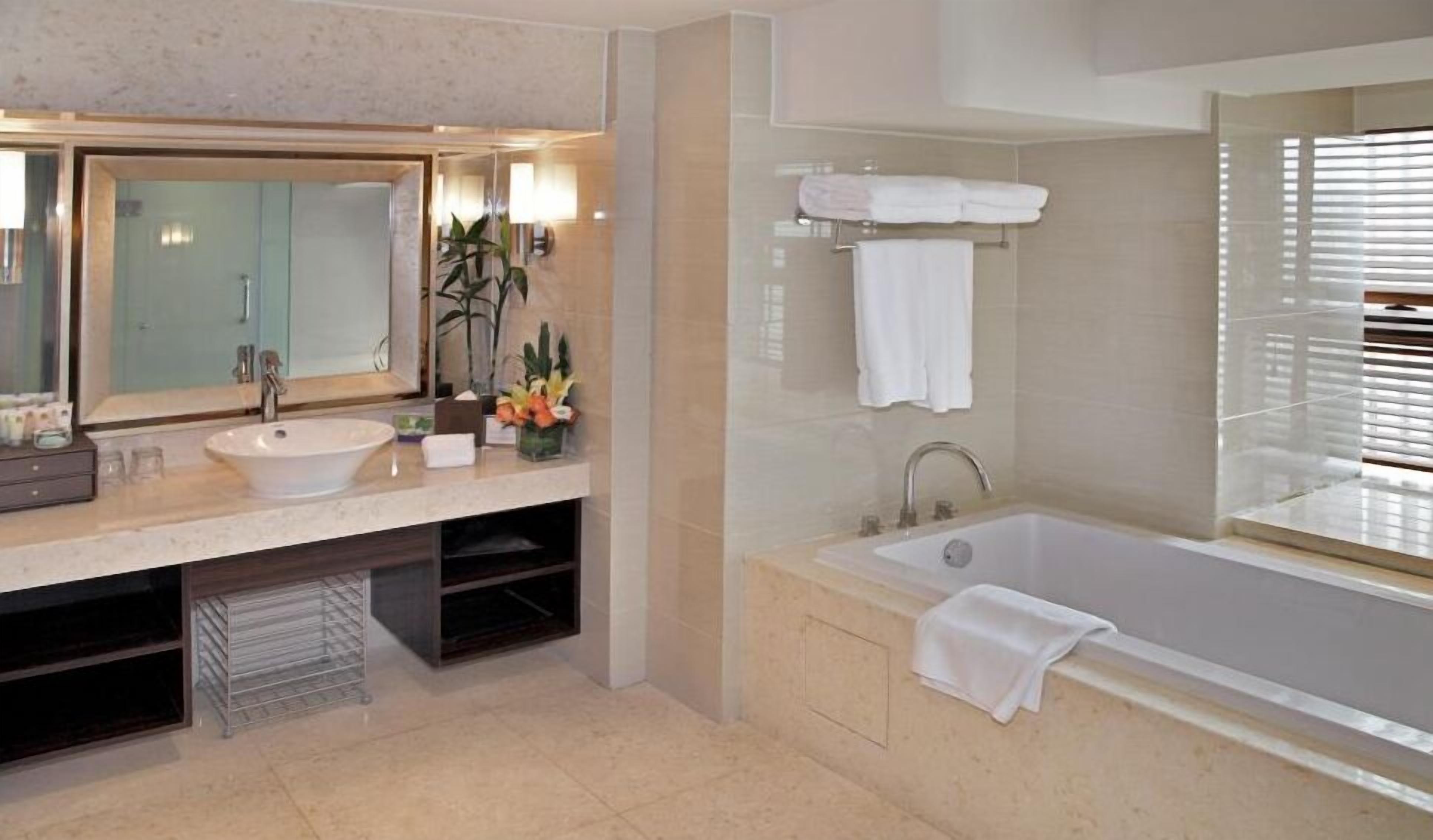 combined shower/bathtub, hair dryer, bathrobes, bidet