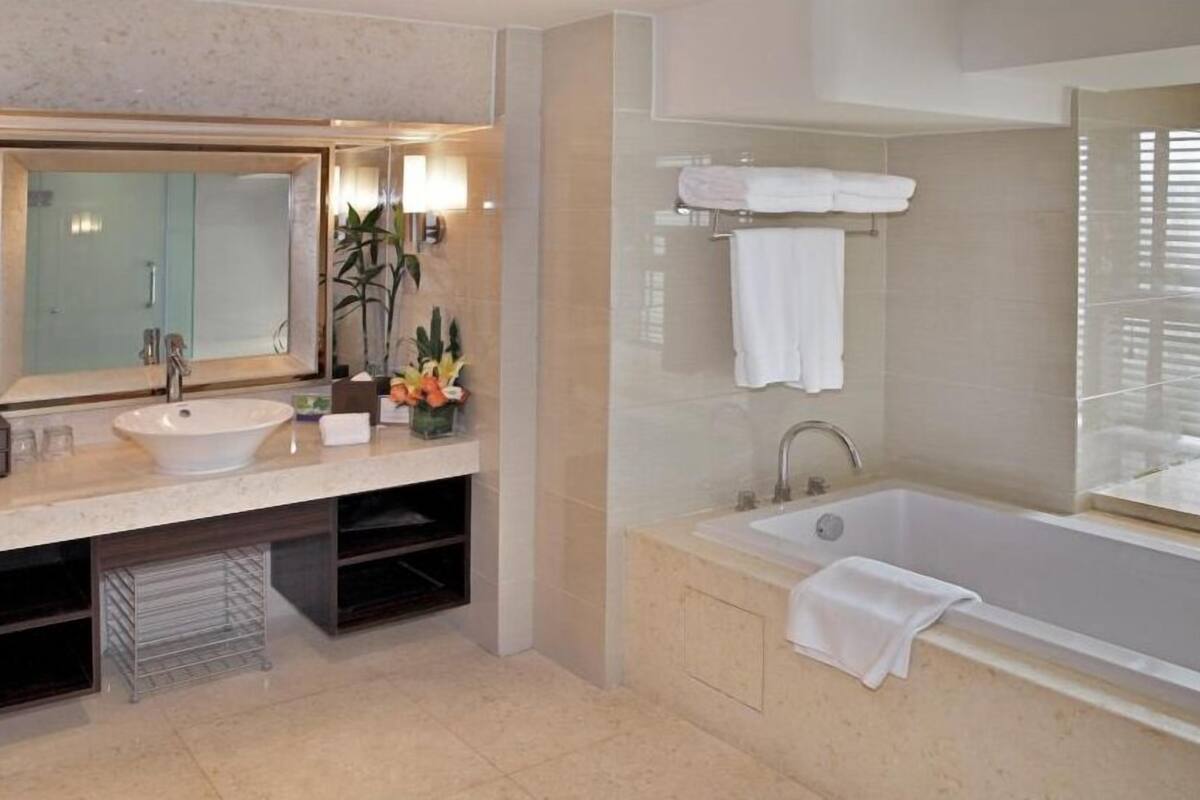 combined shower/bathtub, hair dryer, bathrobes, bidet