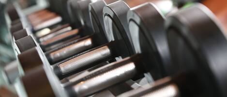 A close-up of a row of black dumbbells with metallic handles and rubber grips.