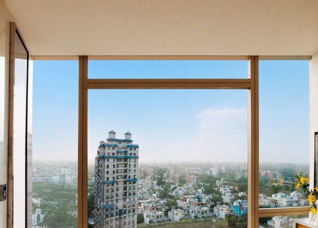 A high-rise building with multiple balconies, a clear sky, and a view of a residential area.