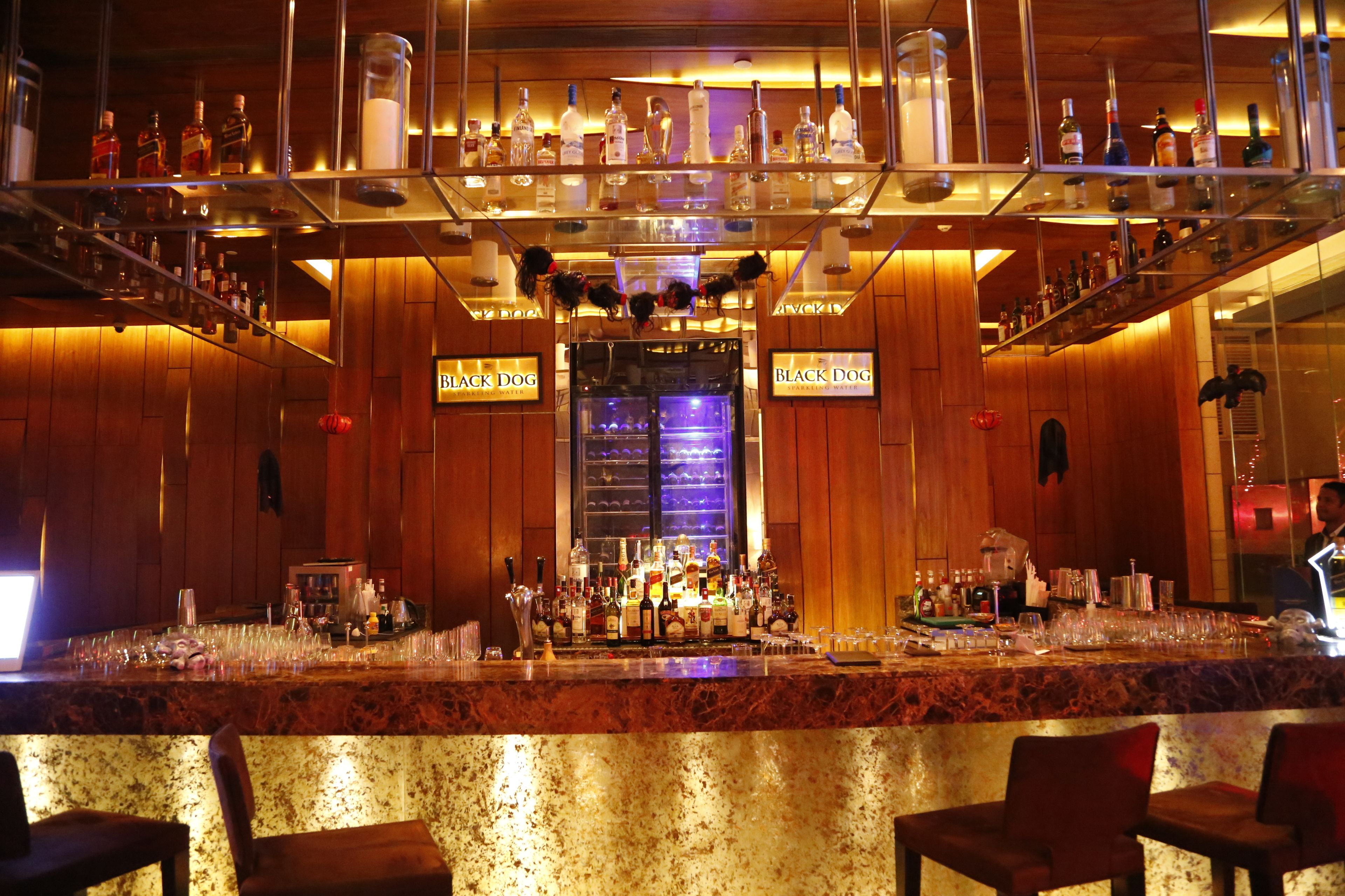 A bar with multiple shelves of liquor bottles, a marble countertop, and two 'Black Dog' signs.
