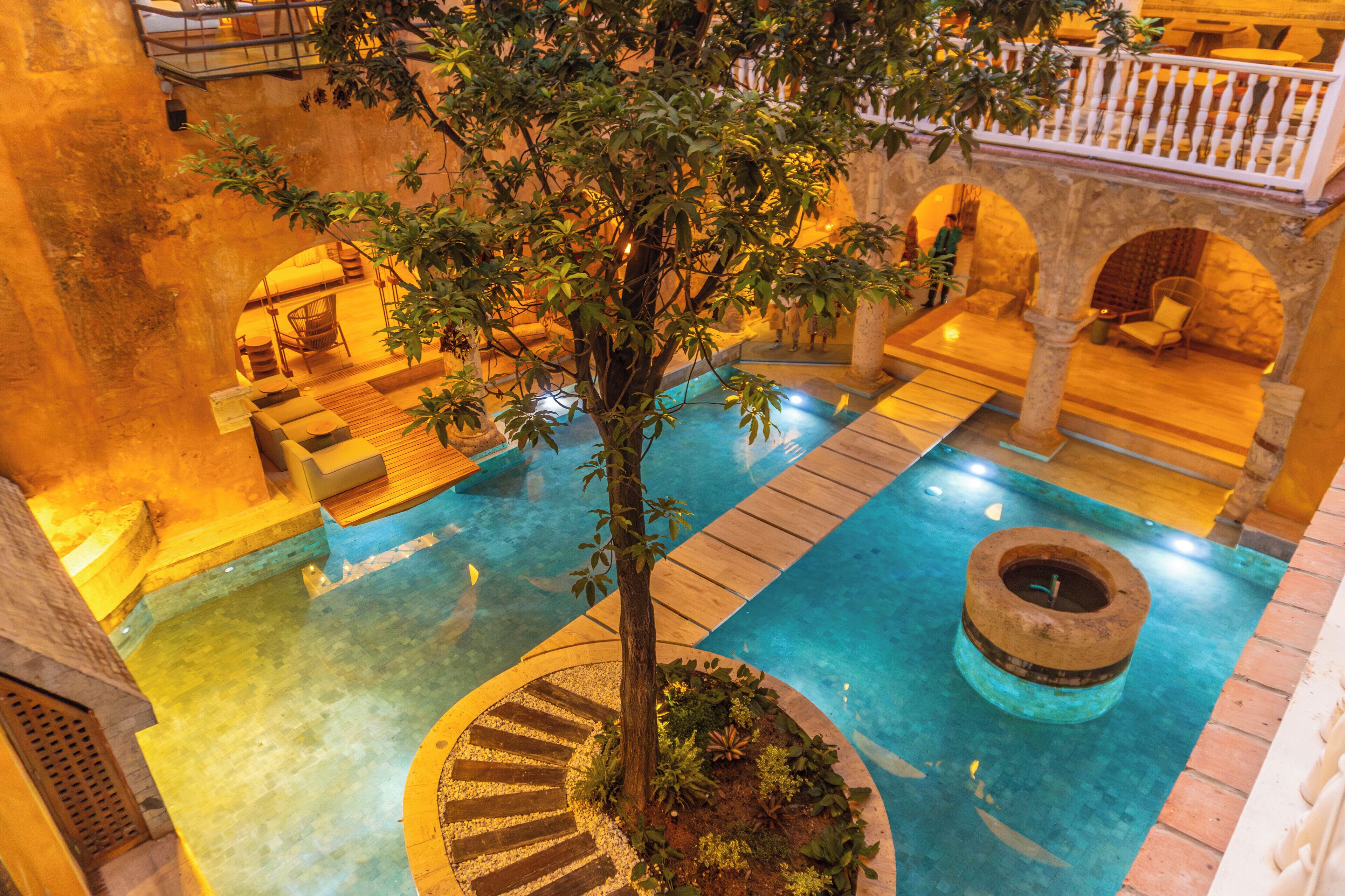 outdoor pool, pool umbrellas, pool loungers