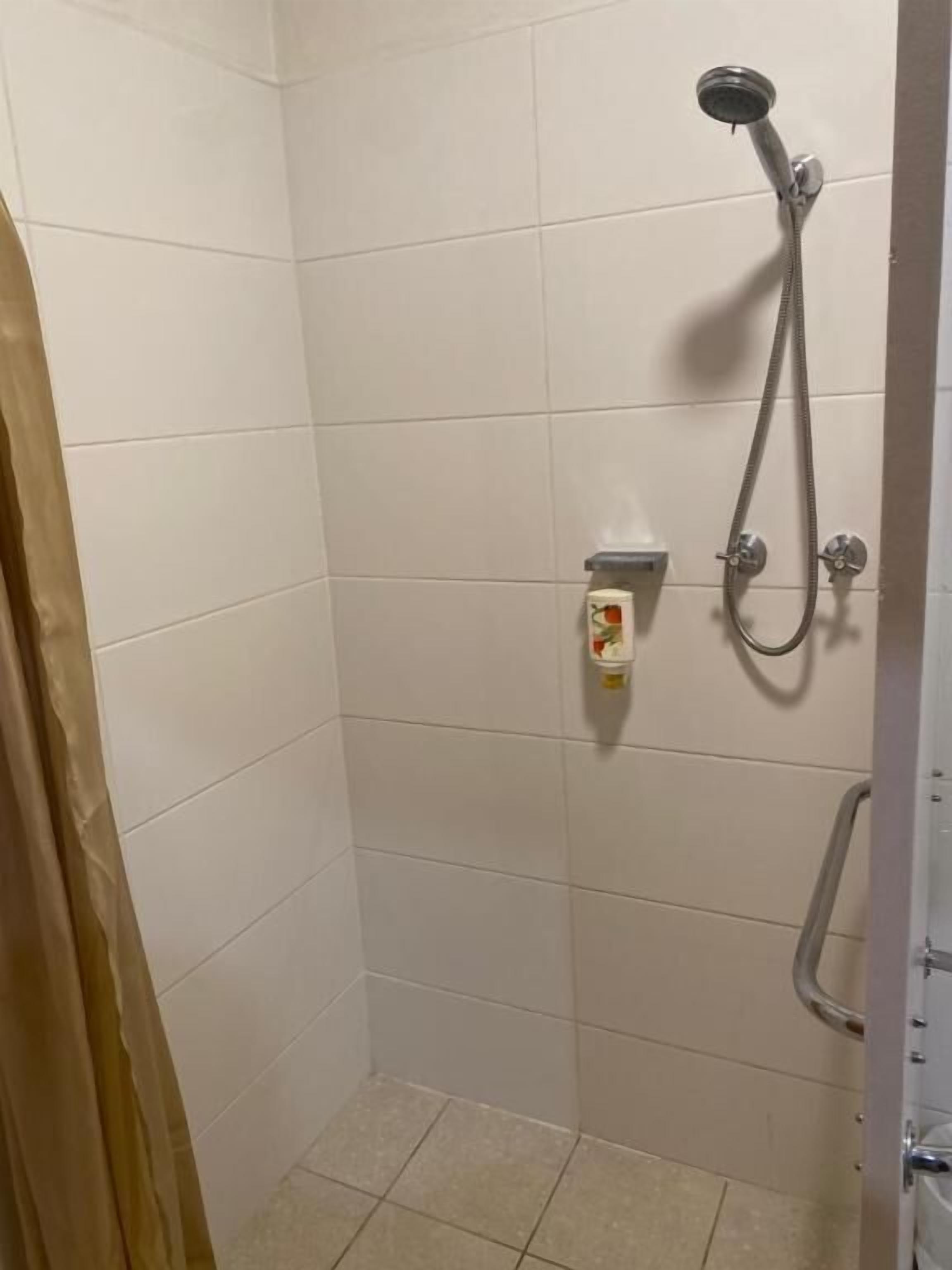 A shower area with white tiles, a handheld showerhead, and a soap dispenser.