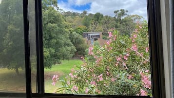 Blick durch ein Fenster, im Hintergrund ein Gebäude, umgeben von Grünflächen und Bäumen.