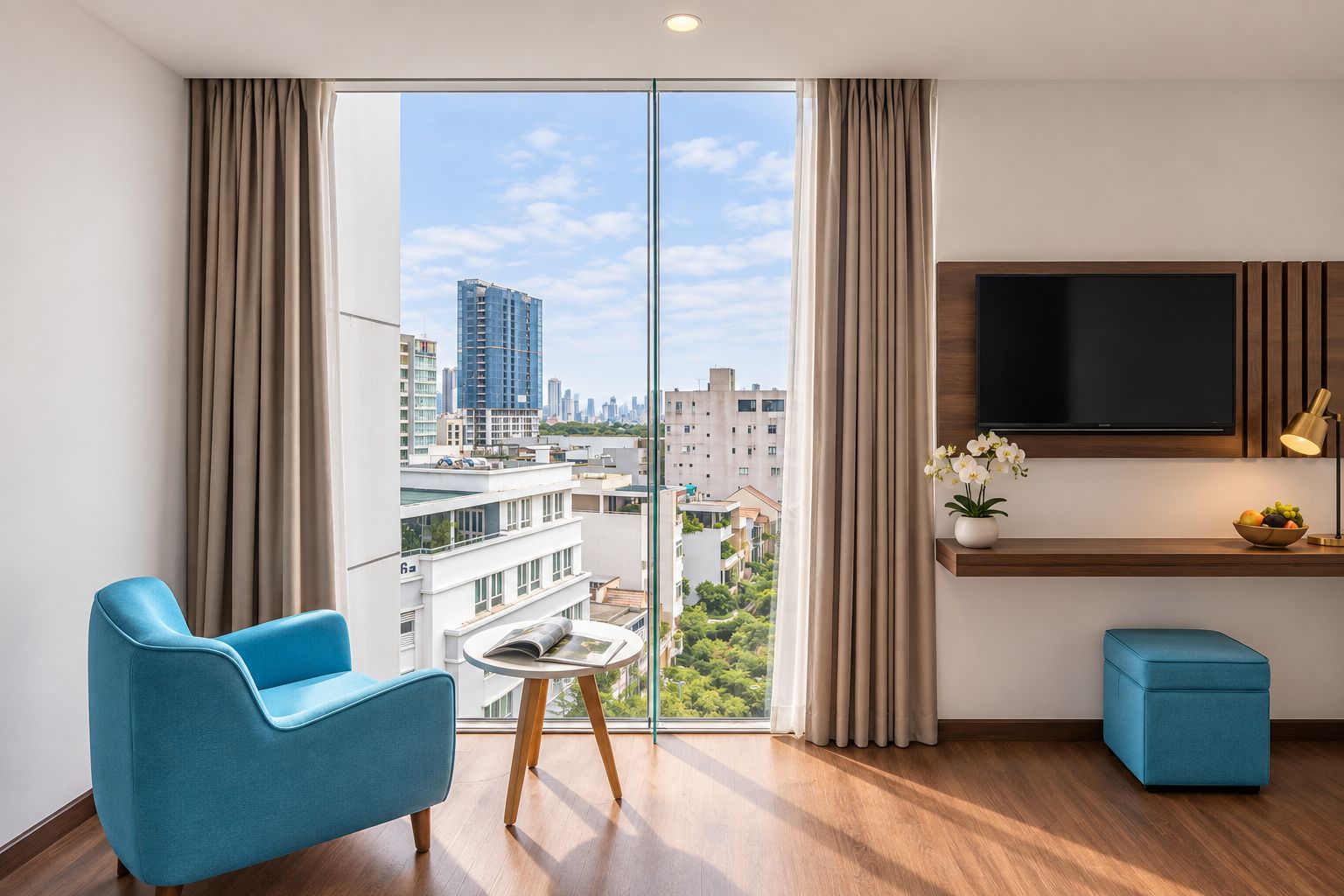A modern living room with a large window, a flat-screen TV, a blue sofa, a small table, and a blue ottoman.