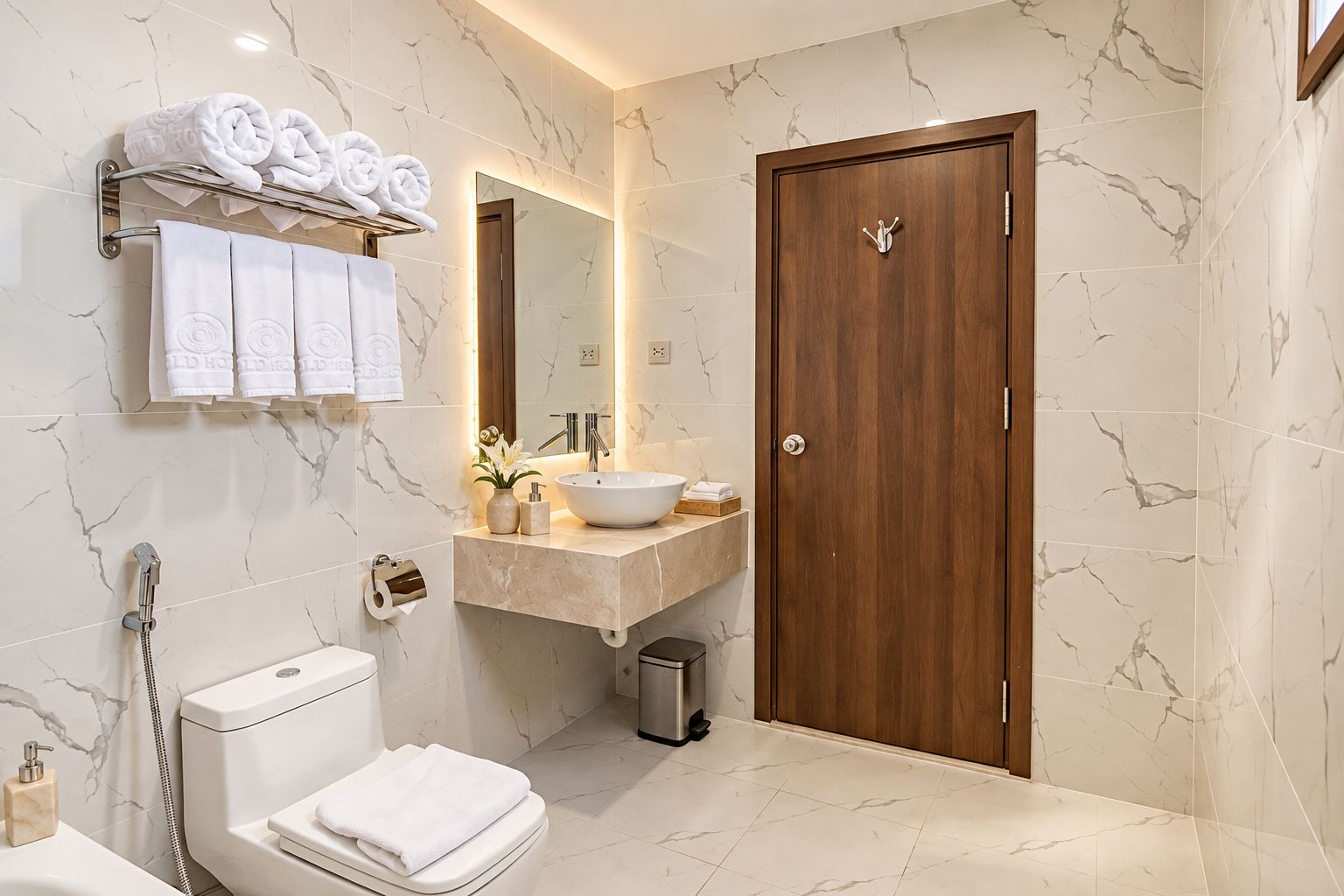 A modern bathroom with a marble floor, a wooden door, a vanity with a sink, and a toilet.