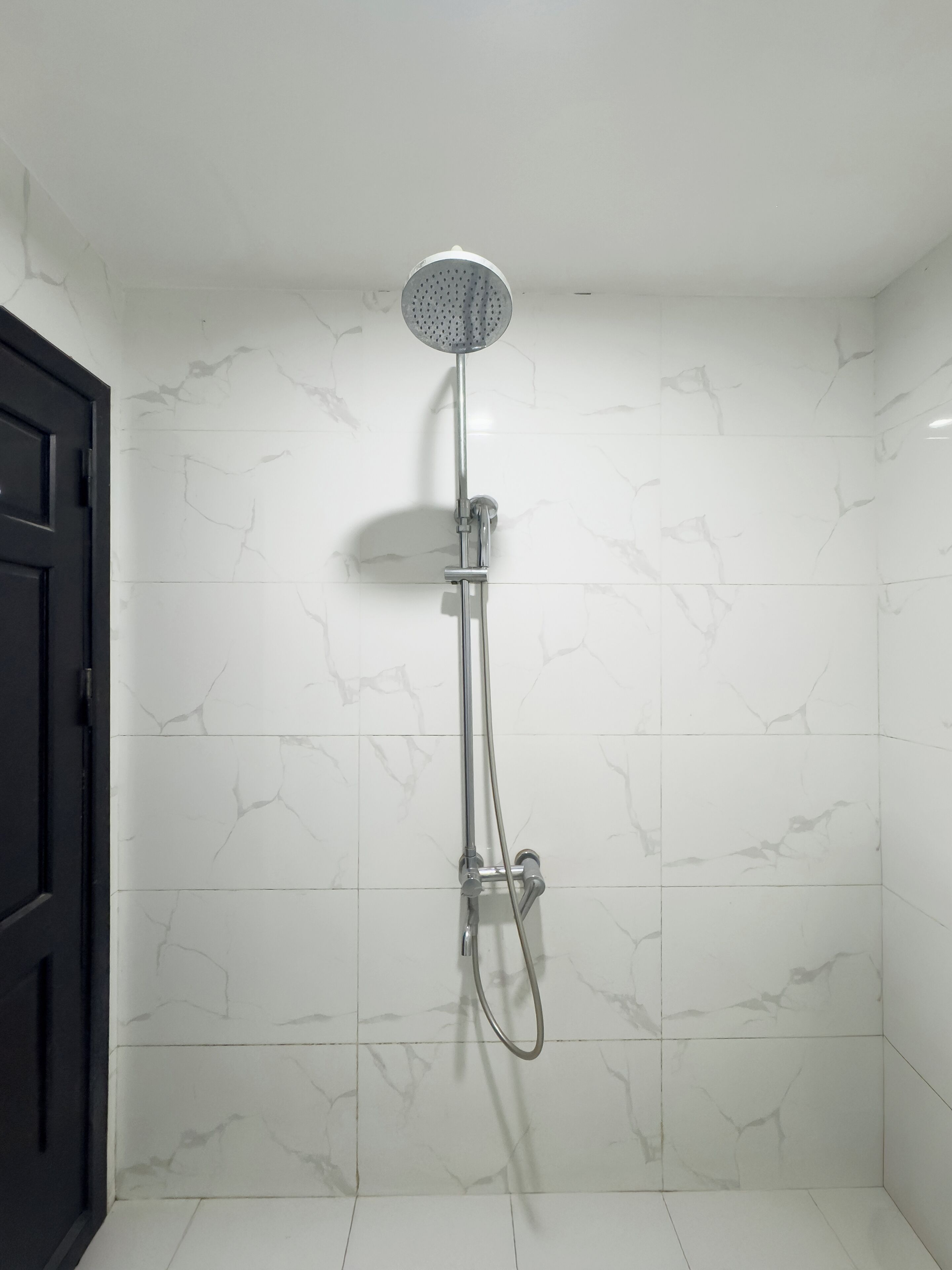 Une douche équipée d’un pommeau de douche et d’un flexible à main.