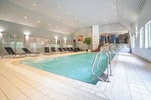 Indoor pool, open 10:00 AM to 8:00 PM, sun loungers