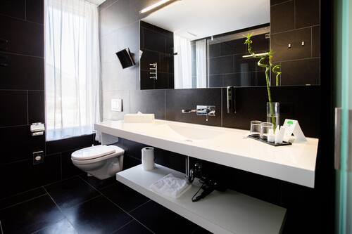 Deluxe-værelse - 1 dobbeltseng - bjergudsigt | Badeværelse | Bruser, designertoiletartikler, hårtørrer, badekåber