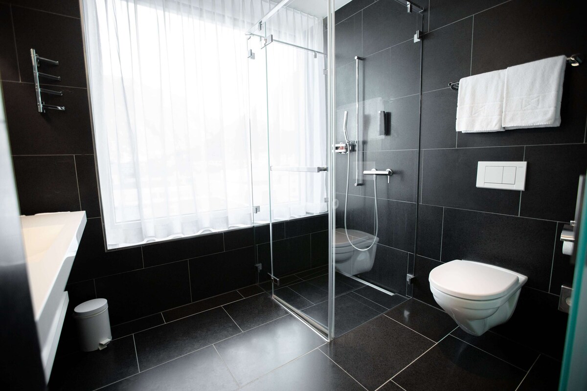 A modern bathroom with a glass-enclosed shower, a toilet, and a sink.