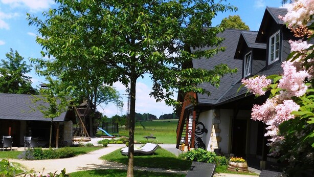 A well-maintained garden with a lawn, a tree, and a house with a dark roof and white walls. - Apartmán-Hotel Jítrava (Rynoltice)
