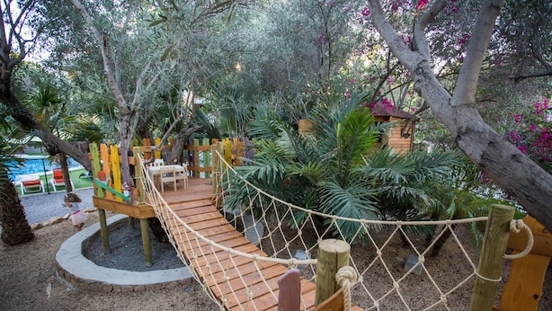 Un puente de madera sobre una zona arenosa con una red de cuerda, rodeado de árboles y plantas.