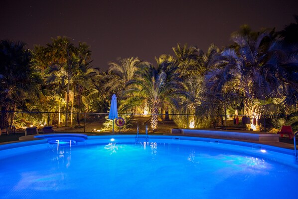 A swimming pool surrounded by palm trees and a fence at night. - El Palmeral de Madaria (Alicante)