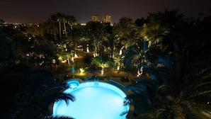 Una piscina rodeada de palmeras al caer la noche.