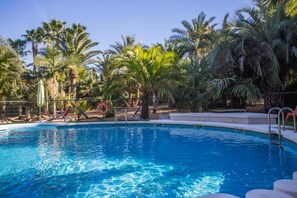 A swimming pool surrounded by palm trees and a fence. - El Palmeral de Madaria (Alicante)
