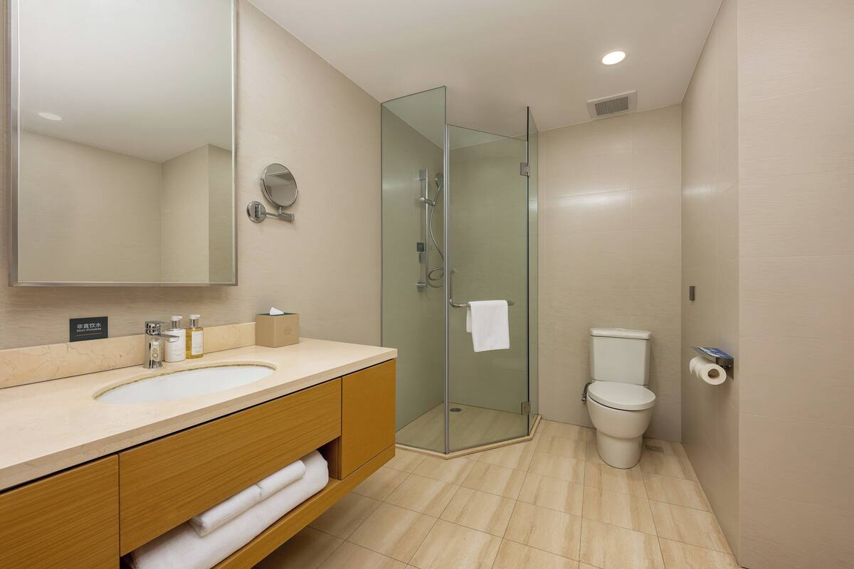 Un baño moderno con ducha envuelta en vidrio, inodoro y lavamanos con espejo.
