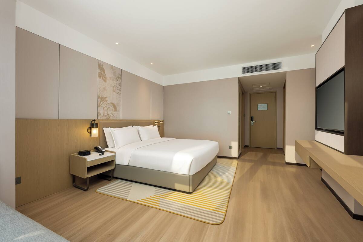 Una habitación de hotel moderna con una cama grande, una mesita de noche y un televisor de pantalla plana.