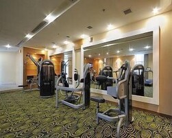 Un gimnasio de hotel con equipo de ejercicio, un espejo grande y alfombra estampada.